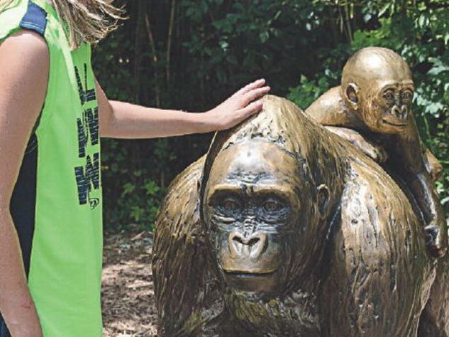 A child touches the head of a gorilla statue in Cincinnati Zoo